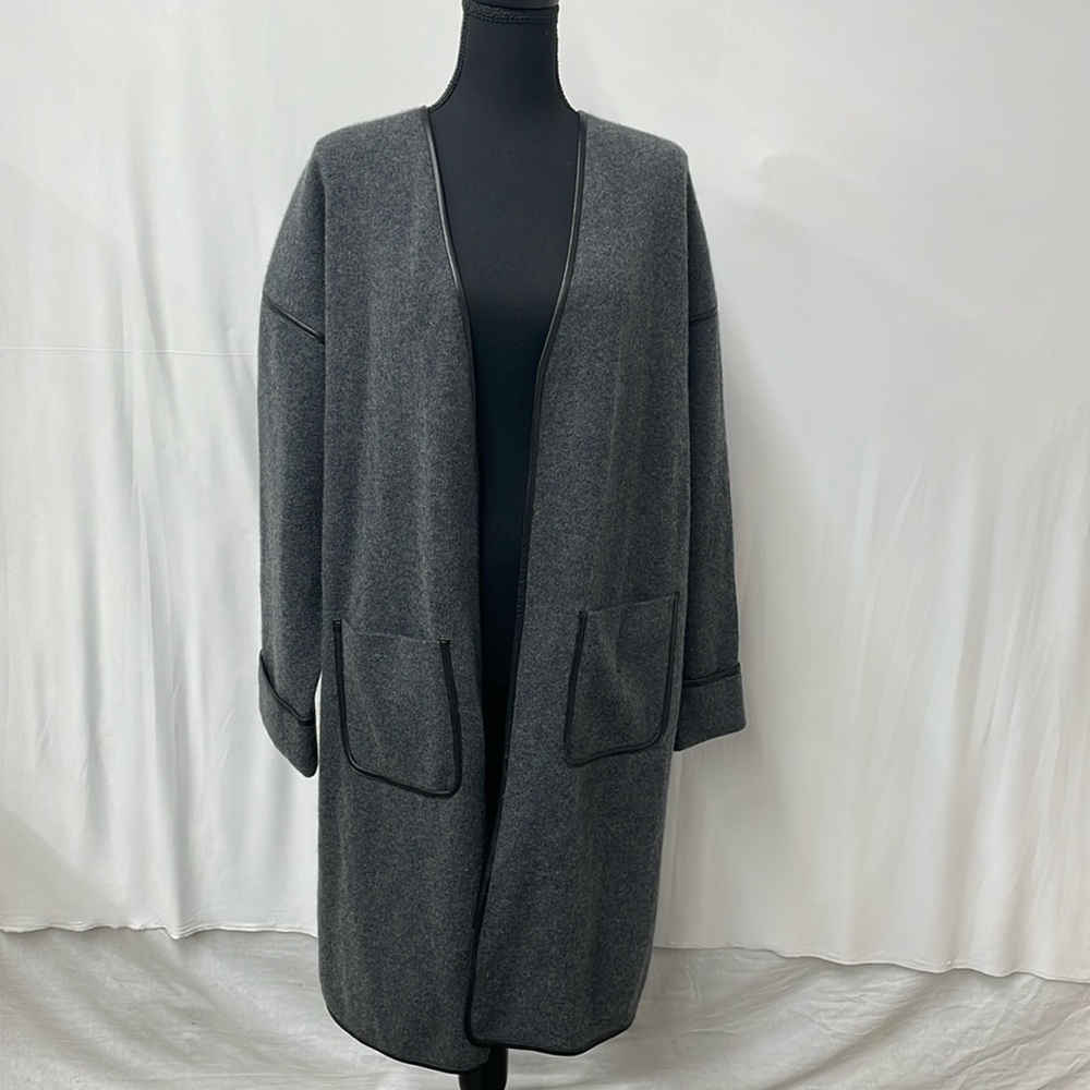 The Cashmere Project extra long oversized cardigan in gray w/ black trim, size M